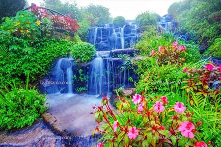 تصویر با کیفیت آبشار چند طبقه و گل های زیبا